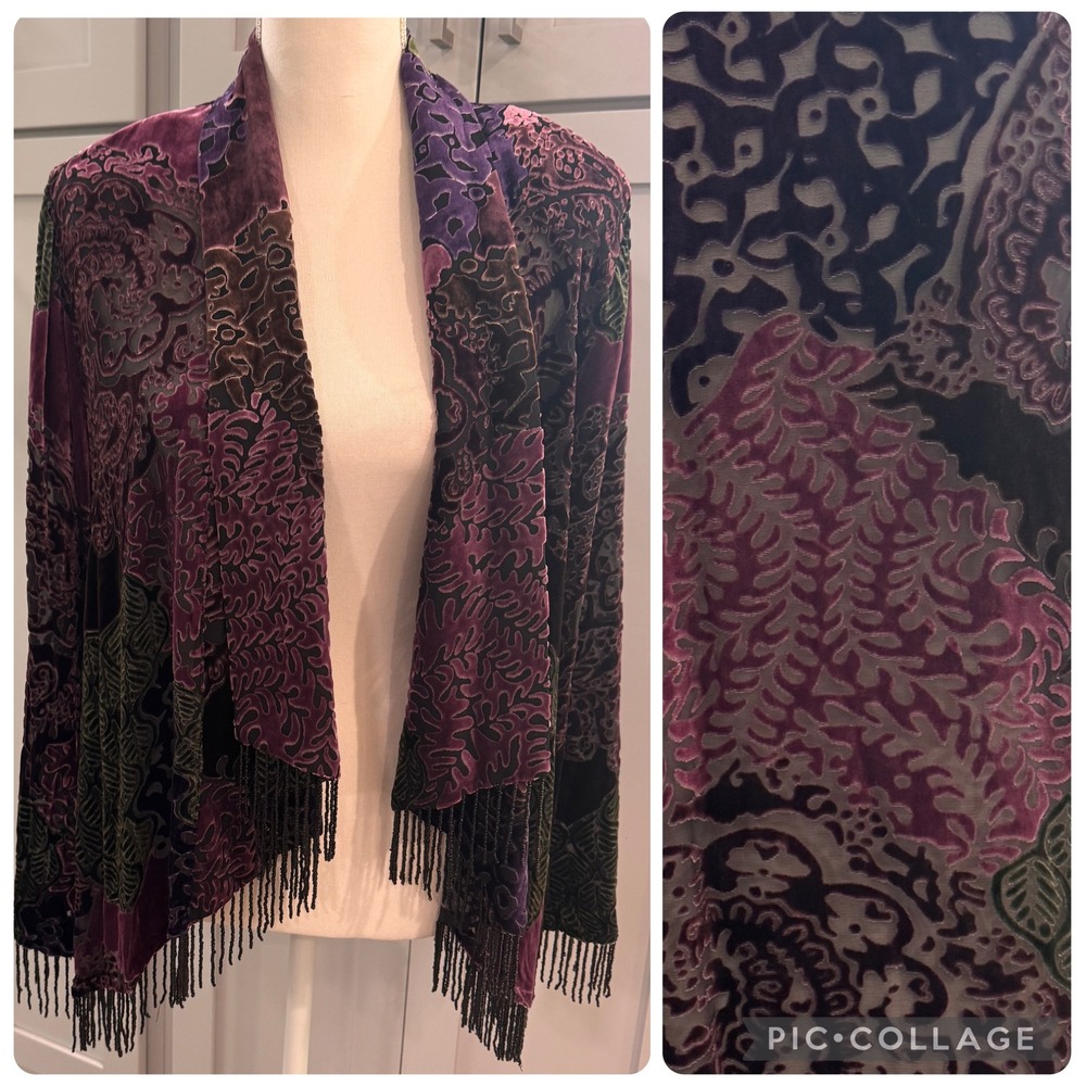 Whimsigoth Picadilly Purple Velvet Burnout Beaded Fringe Kimono Cardigan Size 12